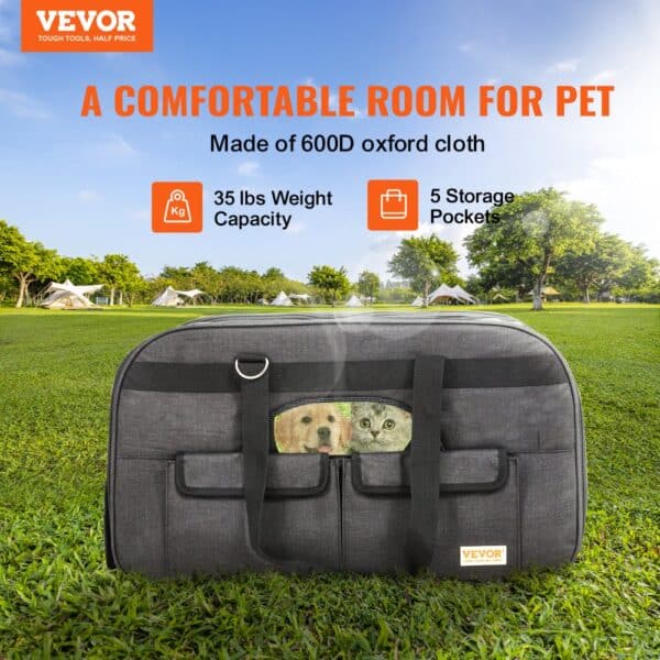 VEVOR cat carrier with wheels, 35 lb capacity, 600d oxford cloth, 5 storage pockets, pet-friendly design.