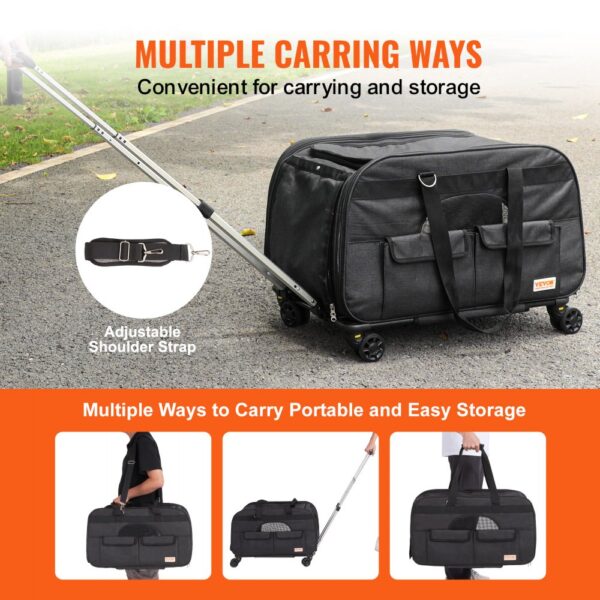 VEVOR cat carrier with wheels featuring adjustable shoulder strap, multiple carrying options, black color.