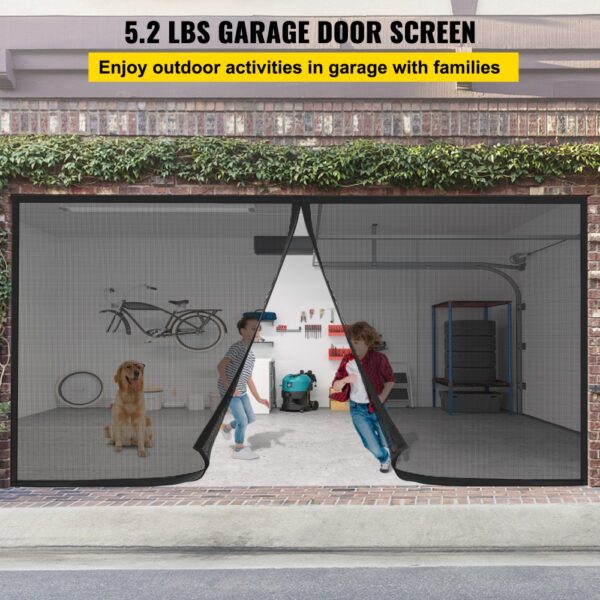 VEVOR garage door screen allows family activities with a pet in an organized garage.