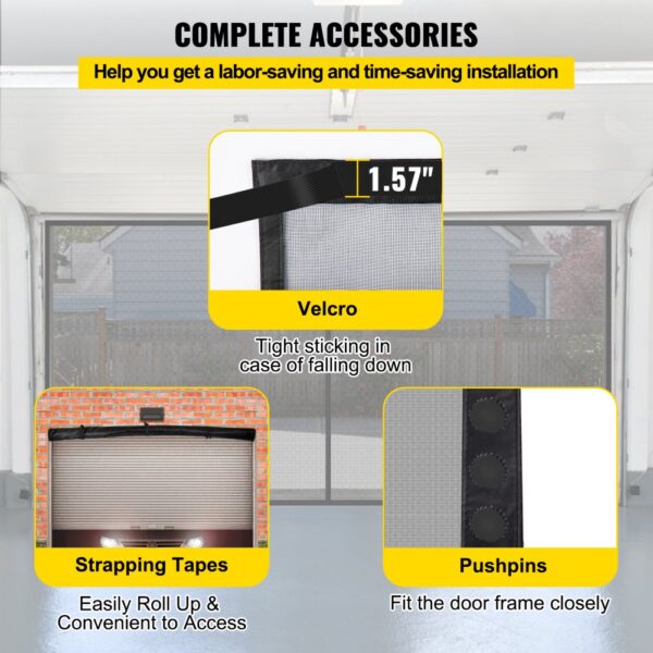 VEVOR garage door screen with velcro, strapping tapes, and pushpins for easy installation.