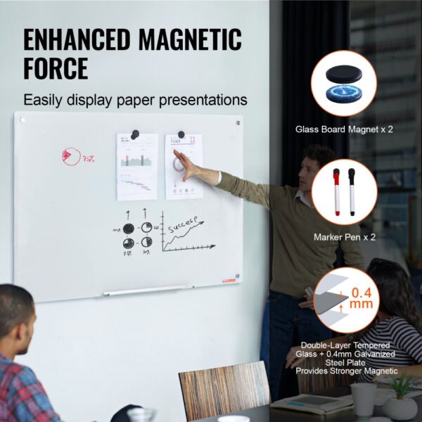 VEVOR Magnetic Glass Whiteboard, Dry Erase Board 48"x32", Wall-Mounted Large White Glassboard Frameless, with Marker Tray, an Eraser and 2 Markers, White