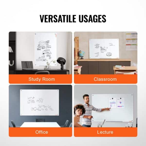 VEVOR Magnetic Glass Whiteboard, Dry Erase Board 48"x32", Wall-Mounted Large White Glassboard Frameless, with Marker Tray, an Eraser and 2 Markers, White