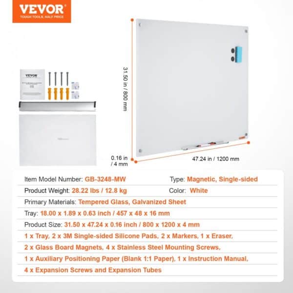 VEVOR Magnetic Glass Whiteboard, Dry Erase Board 48"x32", Wall-Mounted Large White Glassboard Frameless, with Marker Tray, an Eraser and 2 Markers, White