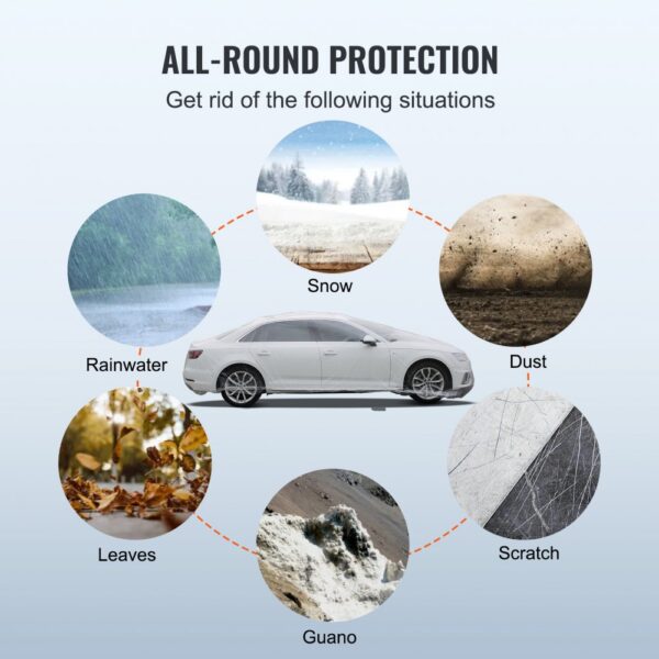 VEVOR car cover offers all-round protection against snow, dust, rainwater, leaves, guano, and scratches.