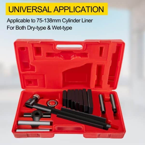VEVOR cylinder liner puller in red case, suitable for 75-138mm liners.