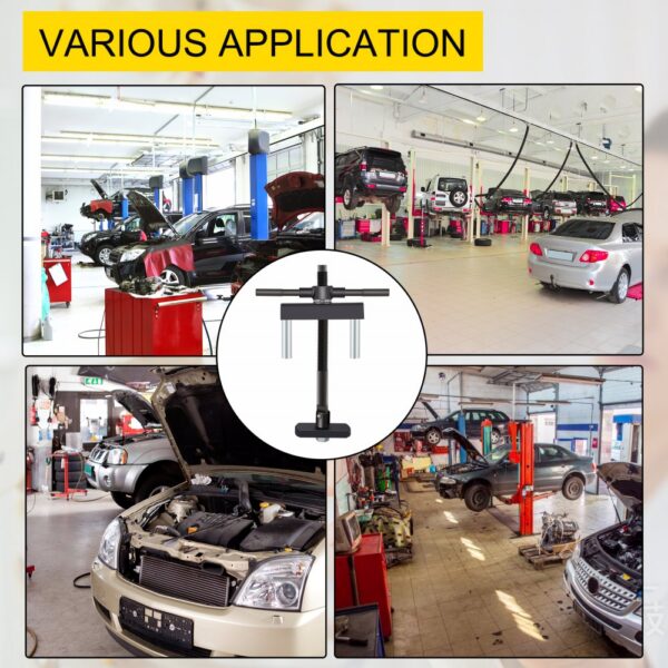 auto shop showcasing VEVOR cylinder liner puller with various vehicle applications.
