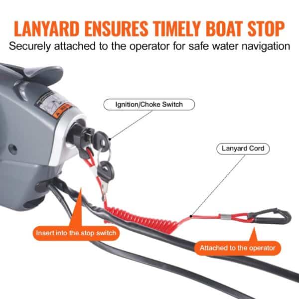 VEVOR boat throttle control with lanyard cord, ignition/choke switch, and safety stop switch.