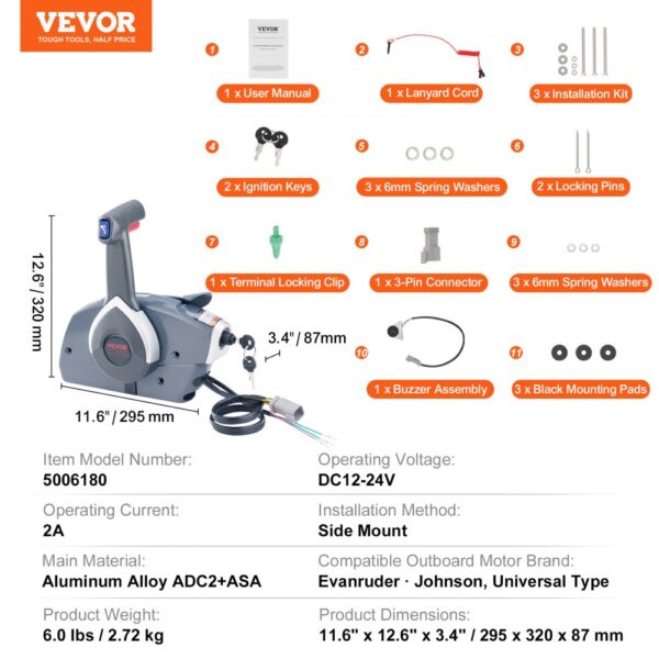 VEVOR boat throttle control, side-mount, accessories, installation kit, product dimensions, aluminum alloy.