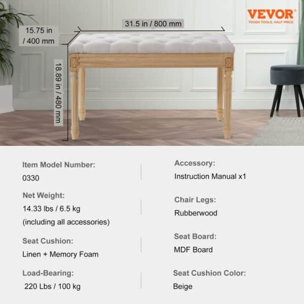 VEVOR upholstered bench with beige cushion, wooden legs, and dimensions labeled; item details below.