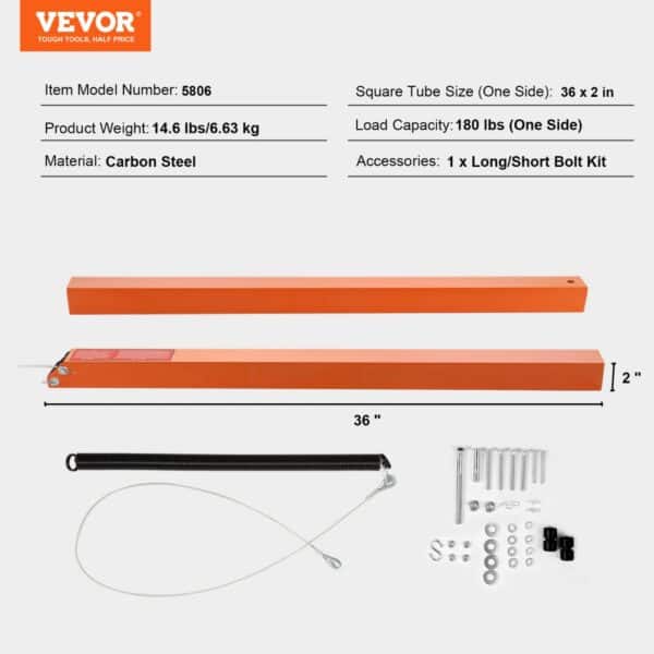 VEVOR trailer tailgate lift assist components layout, including springs, square tubes, and bolts.