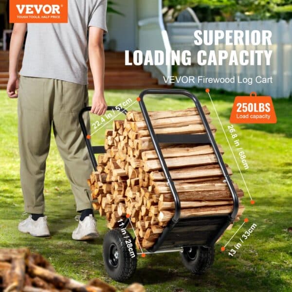 person using VEVOR firewood log cart with 250lbs load capacity, measurements displayed, outdoors.