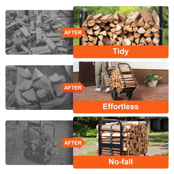 VEVOR firewood log cart enables tidy, effortless, and no-fall firewood transport and storage.