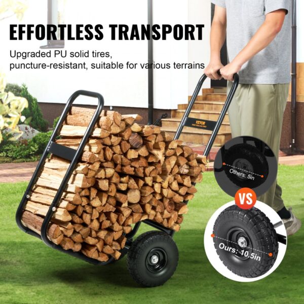 VEVOR firewood log cart with pu tires transporting firewood outdoors.