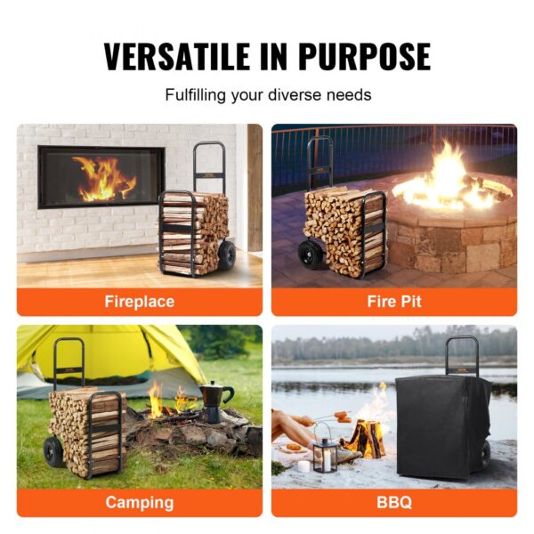 VEVOR firewood log cart for fireplace, fire pit, camping, and bbq uses shown in various settings.