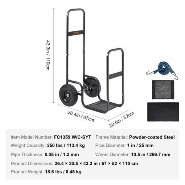 VEVOR firewood log cart with powder-coated steel frame, 250 lbs capacity, dimensions 26.4x20.5x43.3 in.