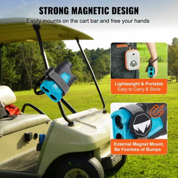 VEVOR golf rangefinder with strong magnetic design, easily mounts on golf cart bar, lightweight and portable.