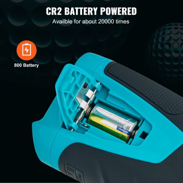 VEVOR golf rangefinder, cr2 battery-powered, 800 battery capacity, detailed view of battery compartment.