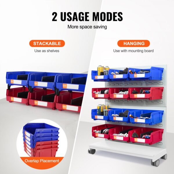 VEVOR plastic storage bin with stackable and hanging options for organized storage, available in red and blue.