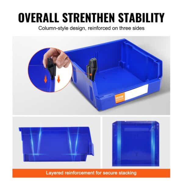 VEVOR plastic storage bin with reinforced design for increased stability and secure stacking.