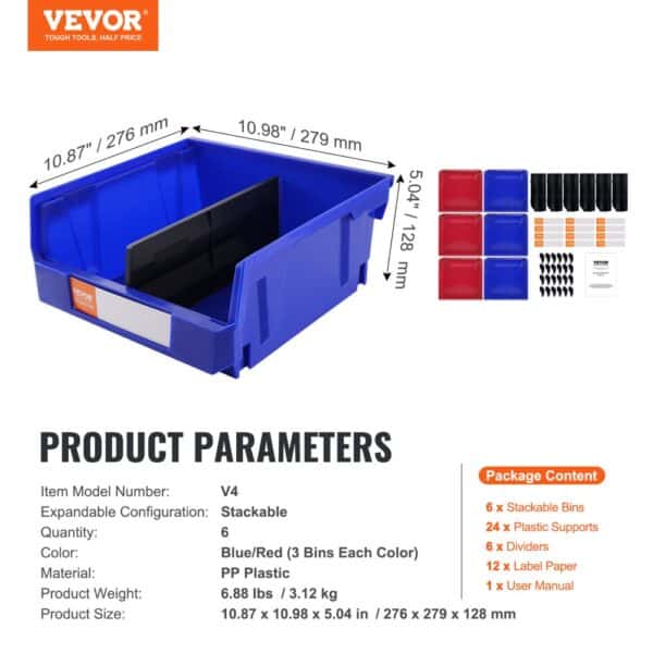 VEVOR plastic storage bin, blue with dimensions and package contents detailed, stackable six-bin set.