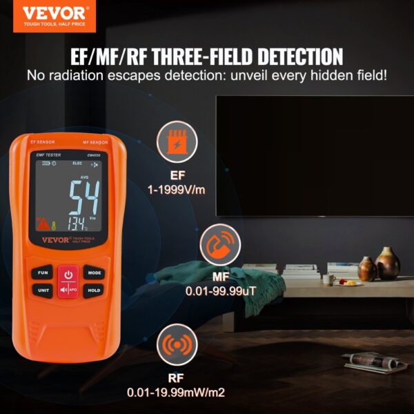 VEVOR emf meter with ef/mf/rf three-field detection shown in a modern living room setup.