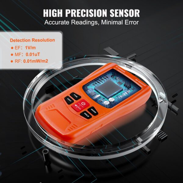 VEVOR emf meter displaying high precision sensor, detection resolutions ef: 1v/m, mf: 0.01ut, rf: 0.01mw/m2.