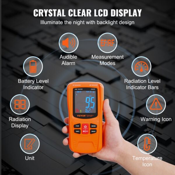 hand holding VEVOR emf meter highlighting features like lcd display, audible alarm, and measurement modes.