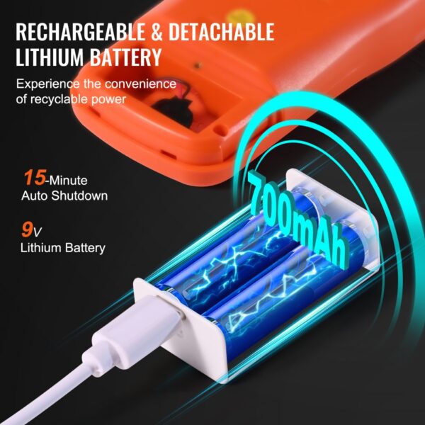 700mah rechargeable lithium battery for VEVOR emf meter with 15-minute auto shutdown and 9v power.