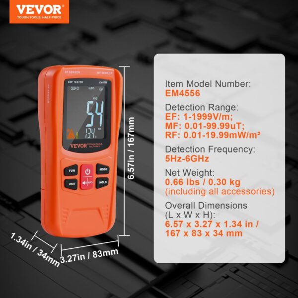 orange VEVOR emf meter em4556, 6.57 x 3.27 x 1.34 in, detection range details and model specs.