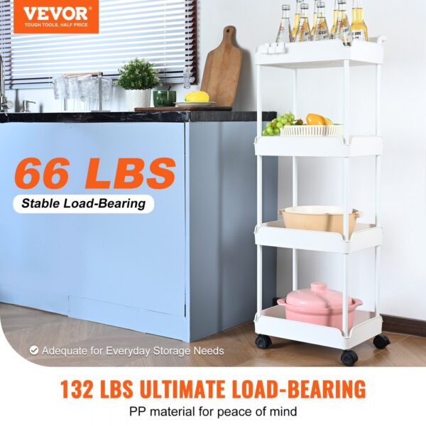 VEVOR kitchen cart with multiple shelves beside blue cabinet, loaded with kitchen items and beverages.