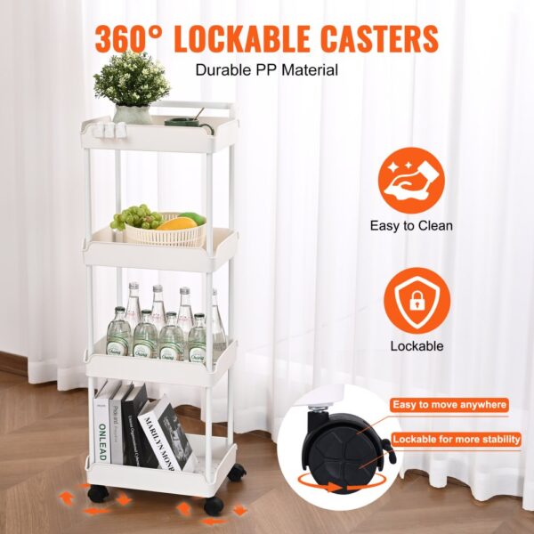 VEVOR kitchen cart with 360° lockable casters, holding plants, fruits, bottles, and books. durable pp material.