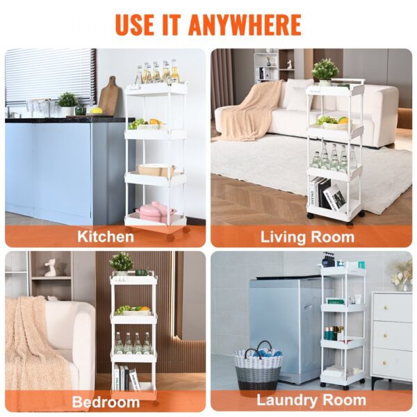 VEVOR kitchen cart in kitchen, living room, bedroom, and laundry room for versatile storage.