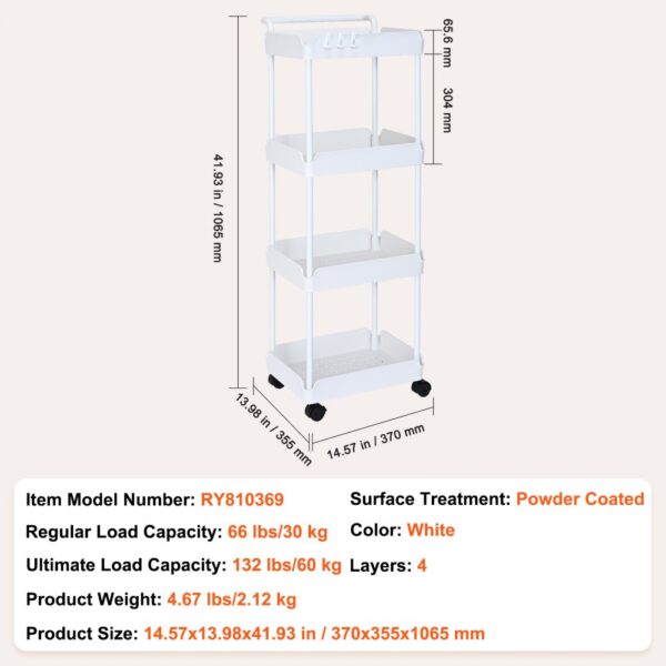 VEVOR kitchen cart, white, 4 layers, 14.57x13.98x41.93 in, 66 lbs load capacity, on wheels.