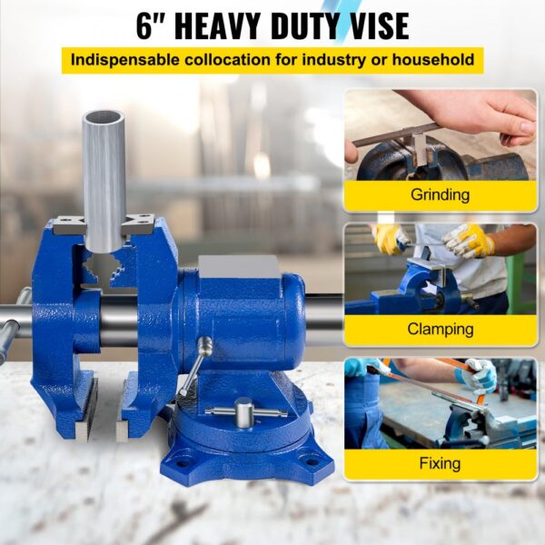 VEVOR bench vise in blue showing grinding, clamping, and fixing operations.