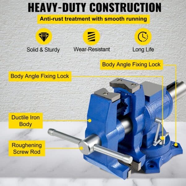 heavy-duty VEVOR bench vise with ductile iron body and body angle fixing lock.