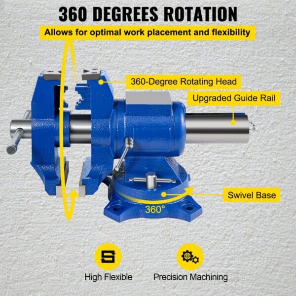 VEVOR bench vise with 360-degree rotation, swivel base, and upgraded guide rail.