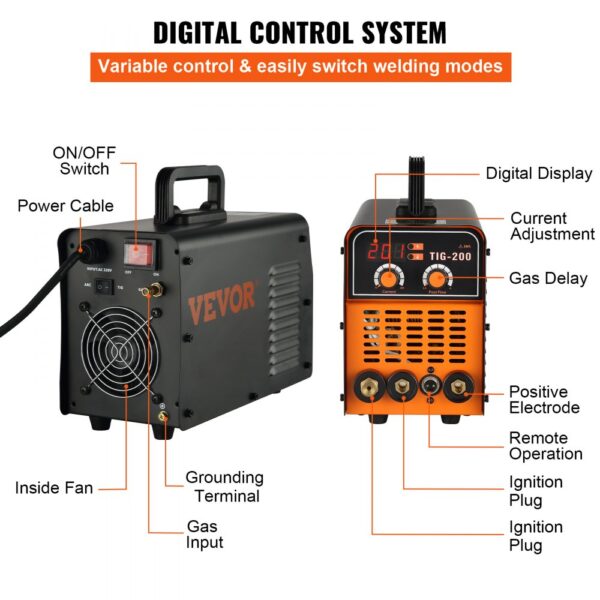 VEVOR TIG-200C, 200 Amp TIG/MMA ARC 2-in-1 Welder HF IGBT DC Inverter Welding Machine for Welding Steel, Titanium And Copper Alloys