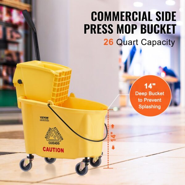 VEVOR mop bucket with wringer, yellow, 26-quart capacity, 14" deep to prevent splashing, with handle and wheels.