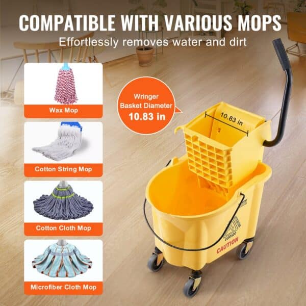 VEVOR mop bucket with wringer compatible with various mops, features 10.83 in diameter wringer basket.