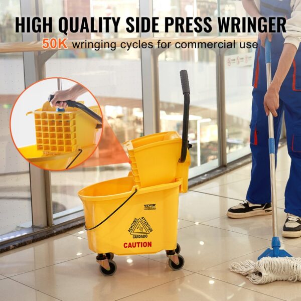 VEVOR mop bucket with wringer, commercial use, yellow bucket, side press wringer, caution warning.