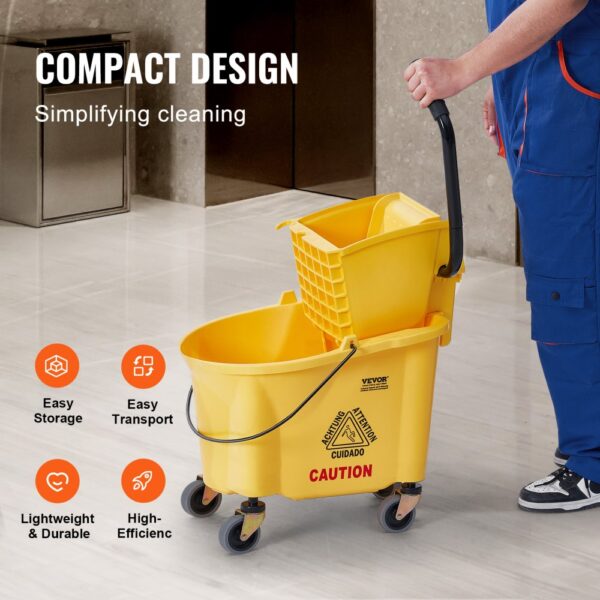 person using yellow VEVOR mop bucket with wringer with ergonomic handle and compact design on marble floor.