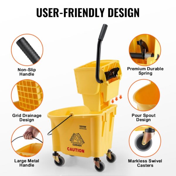 VEVOR mop bucket with wringer featuring non-slip handle, grid drainage design, and markless swivel casters.