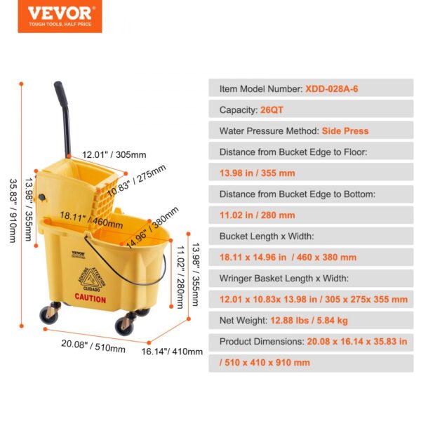 yellow VEVOR mop bucket with wringer, side press, 26qt capacity, labeled dimensions and specifications.