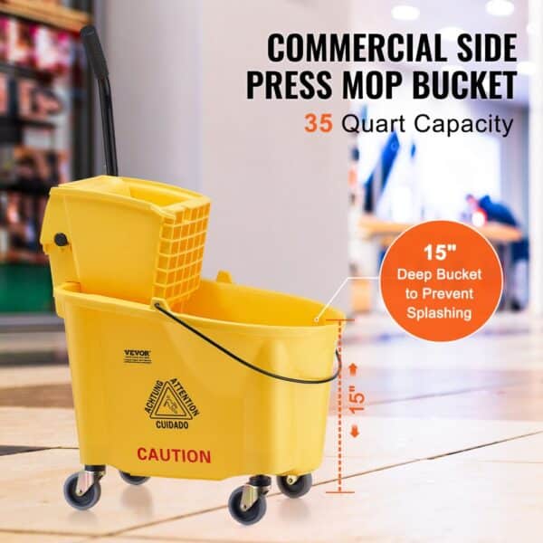 yellow VEVOR mop bucket with 35-quart capacity, 15" deep to prevent splashing, and caution label.