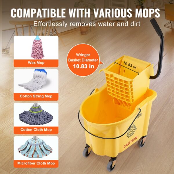 yellow VEVOR mop bucket with 10.83in wringer, compatible with wax, cotton, and microfiber mops.