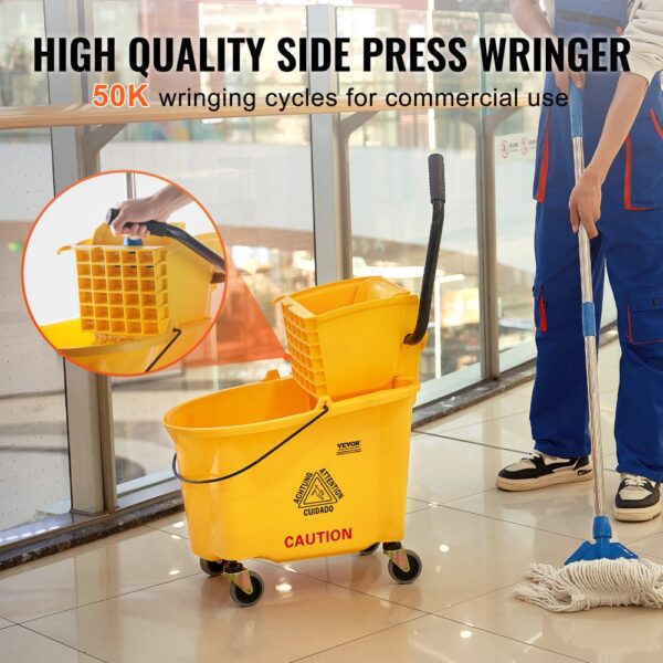 yellow VEVOR mop bucket with side press wringer in a commercial space, emphasizing 50k wringing cycles.