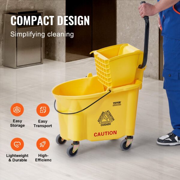 yellow VEVOR mop bucket with caution sign, robust wheels, and handle in a tiled indoor setting.