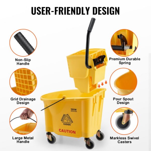 VEVOR mop bucket showcasing non-slip handle, grid drainage, pour spout, and markless swivel casters.