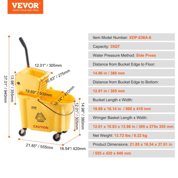 VEVOR mop bucket with side press, 35qt capacity, yellow, dimensions 21.85"x16.54"x37.01".