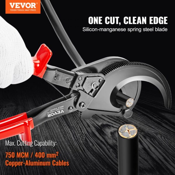 VEVOR ratcheting cable cutter cutting thick copper-aluminum wire, showcasing spring steel blade.
